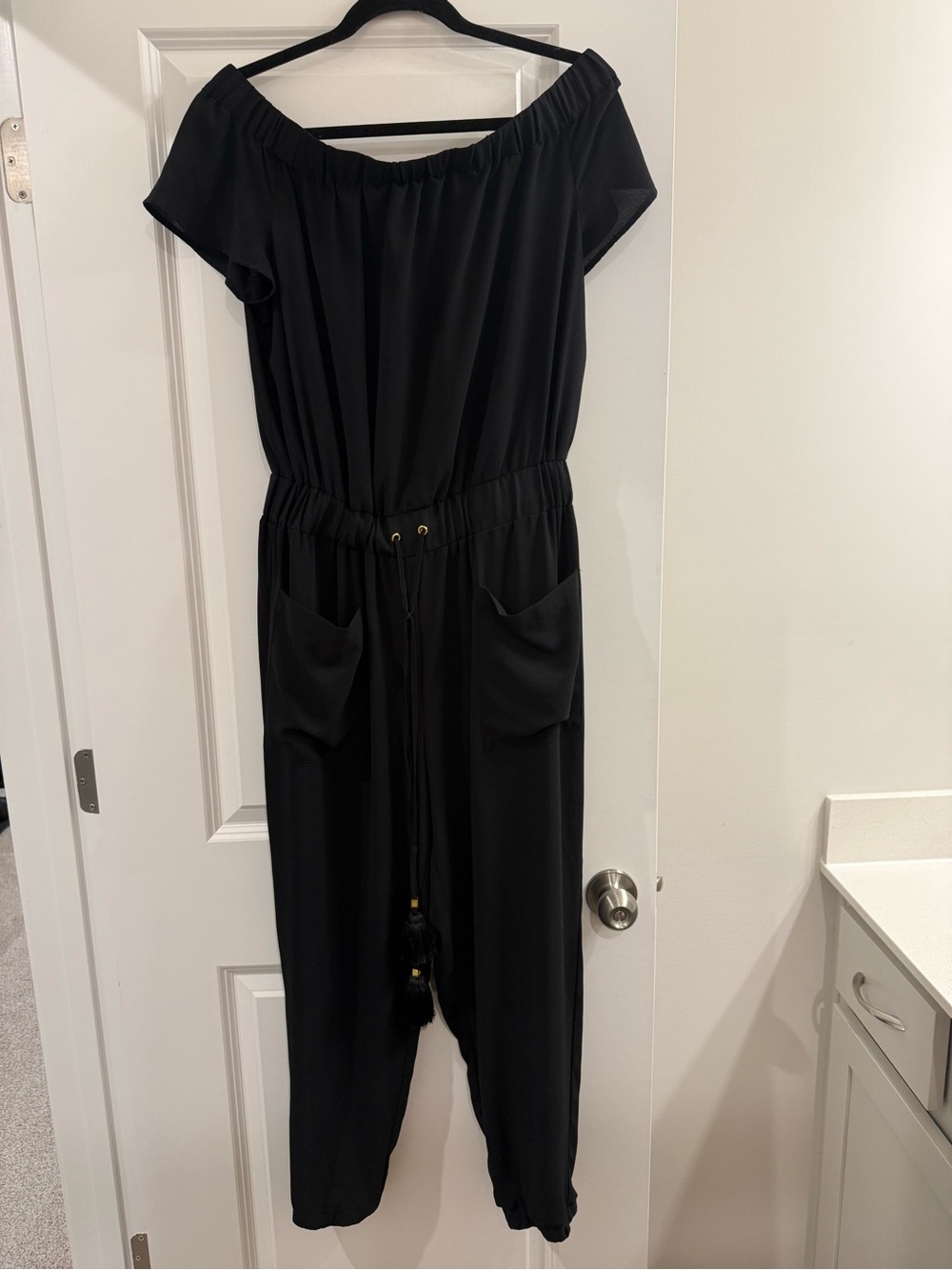 MICHAEL Michael Kors Black Off-Shoulder Drawstring Jumpsuit
